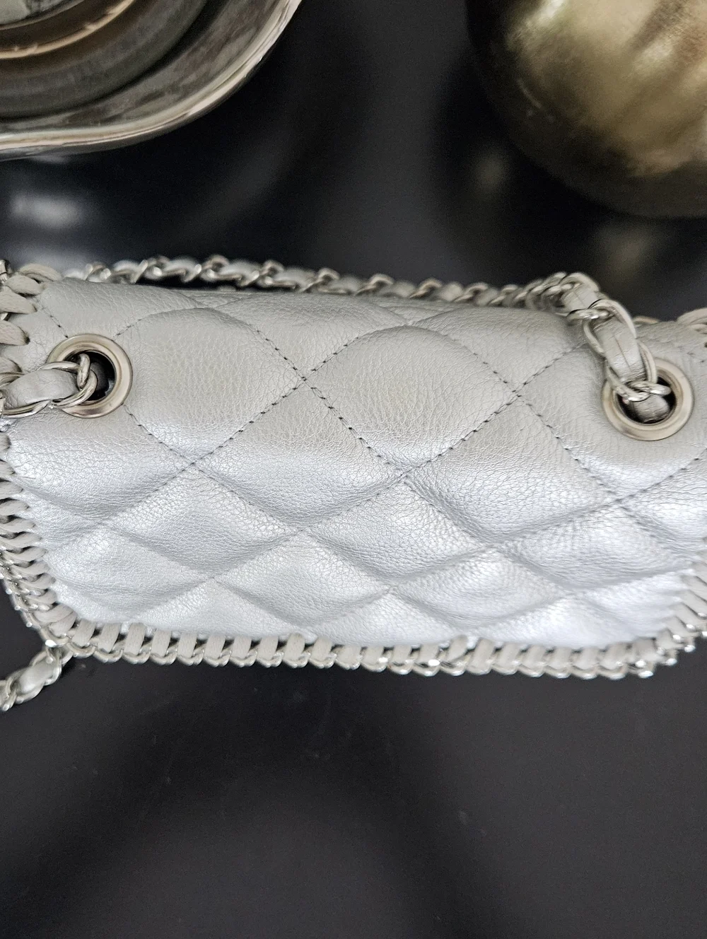 Steve Madden Quilted Metallic Silver Chain Shoulder Bag - Picture 5 of 16
